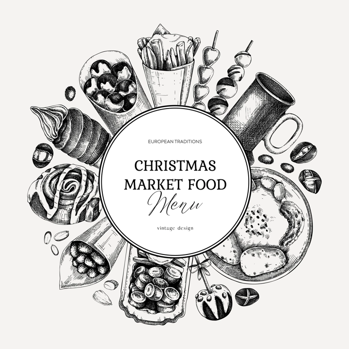 Christmas market food menu design. Hand-drawn vector illustration. Mulled wine, sweets, raclette, French fries, pastries, grilled sausages, roasted almond sketches. European Christmas fair wreath